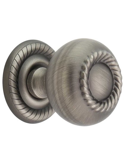 Rhodes Rope Detail Knob with Back Plate - 1 1/4 inch Diameter in Brushed Pewter.